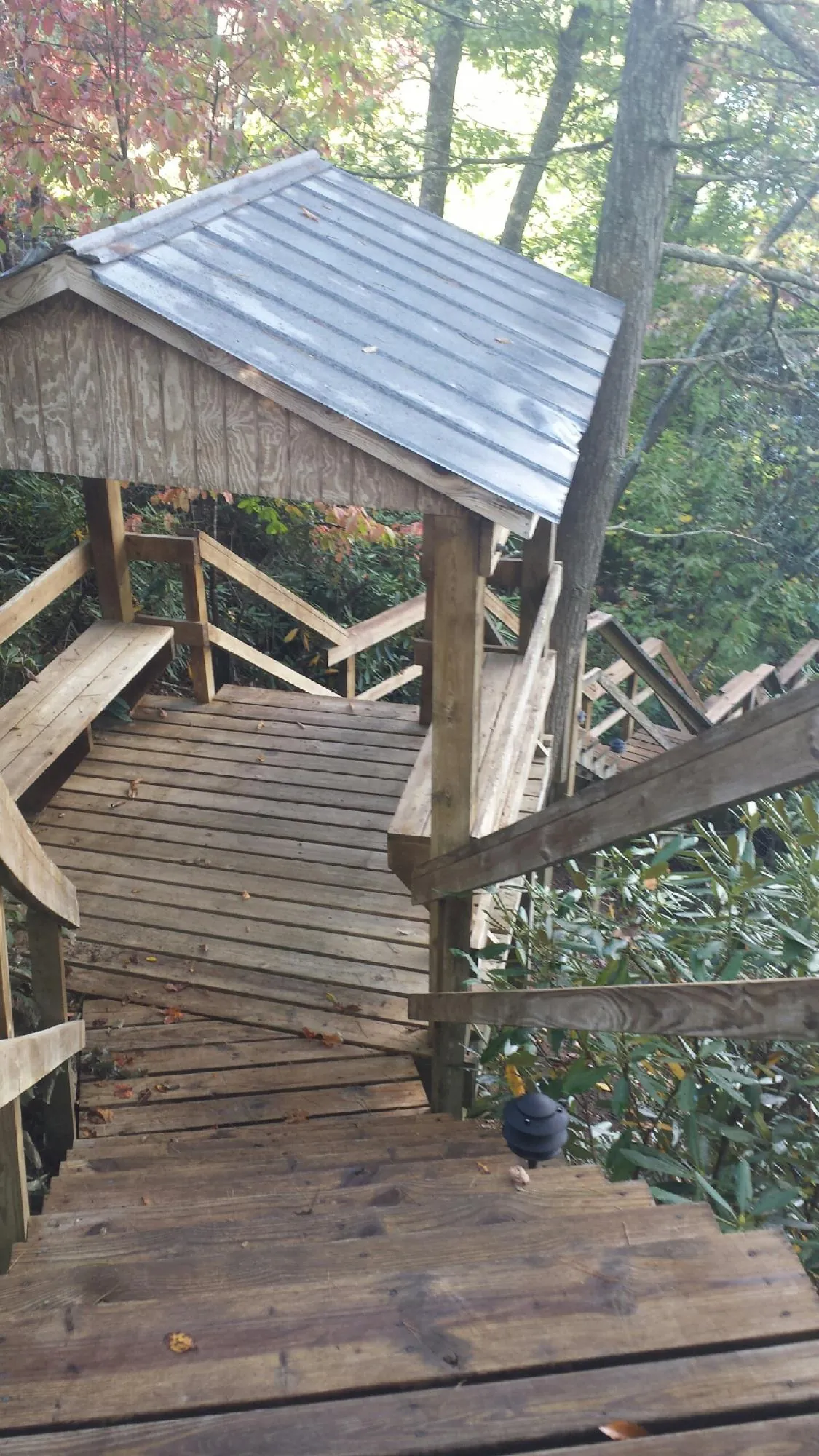 Metal roofed shelter over wooden steps on a wooded walkway — Skylight Repair & Installation work by our crew in Forestville